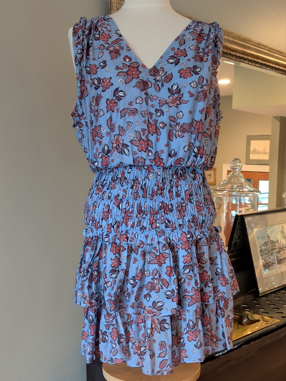 Current Air Blue Floral Smocked Tiered V Neck Mini Dress. Size Large NEW